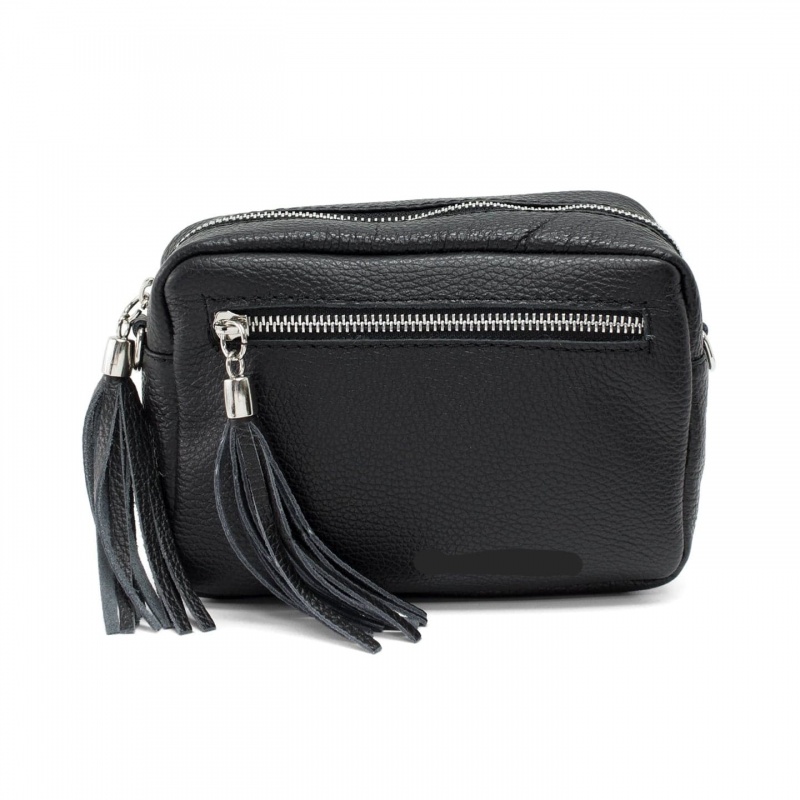Double Tassel Leather Bag - Black (SILVER HARDWARE)